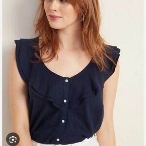 Old Navy Linen Blend Navy Blue Ruffle Button-Up Blouse
